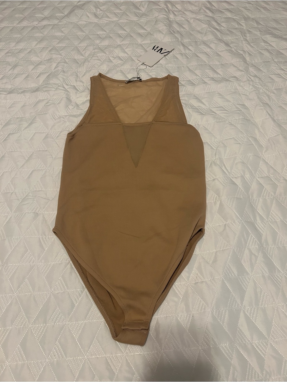 Zara Sleeveless Ribbed Bodysuit in Camel